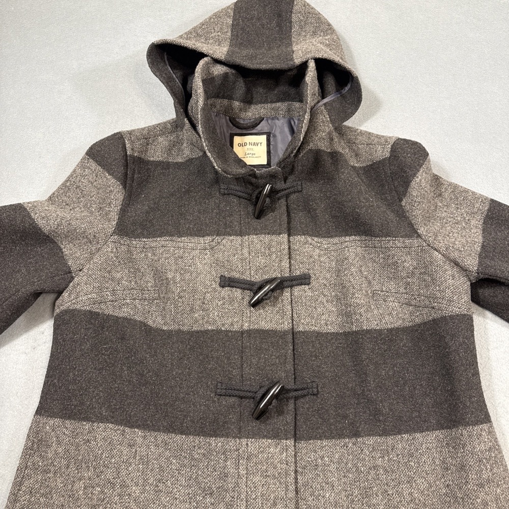 JACKET PEACOAT Wool ‎ WOMEN LARGE BLK Gray TOGGLE ZIP HOODED OLD NAVY